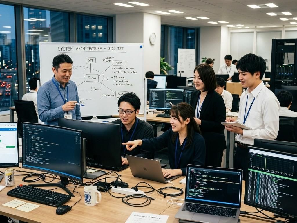 Engineers collaborating at workstations in front of a system architecture whiteboard