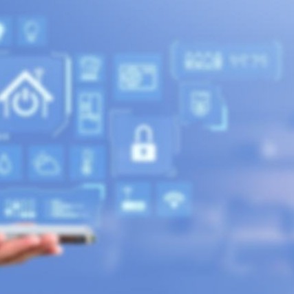 A hand holding a phone below floating smart-home control icons